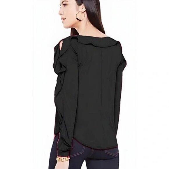 ANN TAYLOR Black Cold Shoulder Boatneck Ruffle Long-Sleeve Blouse Medium - Picture 4 of 7